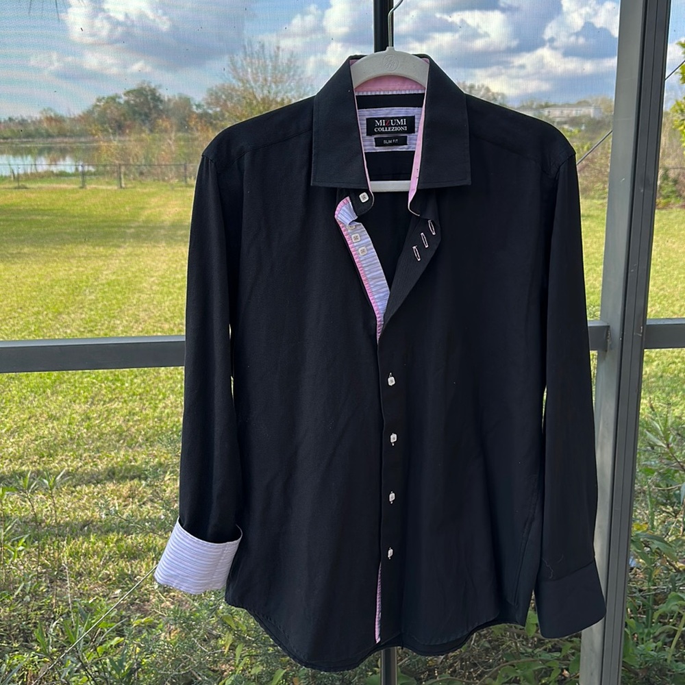 Mizumi Men’s Shirt - black button Down dress shirt slim fit large